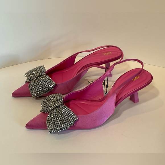 Zara fuschia slingback pumps rhinestone bows 7.5 - Picture 3 of 7